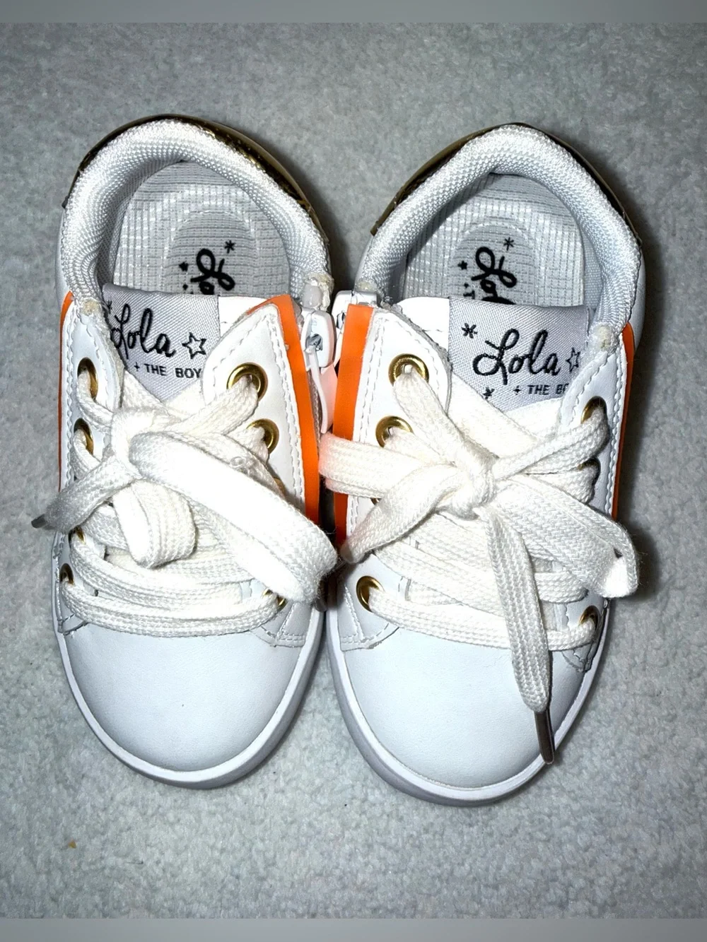 Lola + The Boys Toddler Sneakers Size 8 White Gold Orange Doodle Zip Shoes NEW
